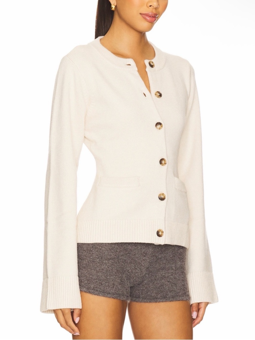 Good American Button Front Knit Cardigan in Vanilla
